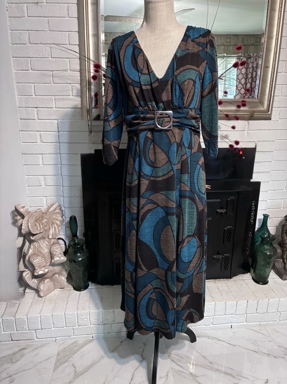 Chelsea Suite Y2K Abstract Midi Dress Brown Blue Buckle Sz 12